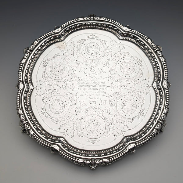 1893年 英国アンティーク 純銀製サルヴァ カードトレイ直径23cm 413g Charles Boyton